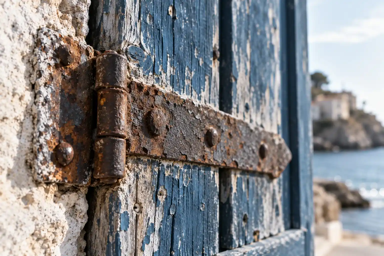 Heredar una casa histórica frente al mar en Tarragona. La llave pesa más de lo que parece 3 Bisagra de hierro oxidada sobre un postigo de madera azul marcado por el salitre