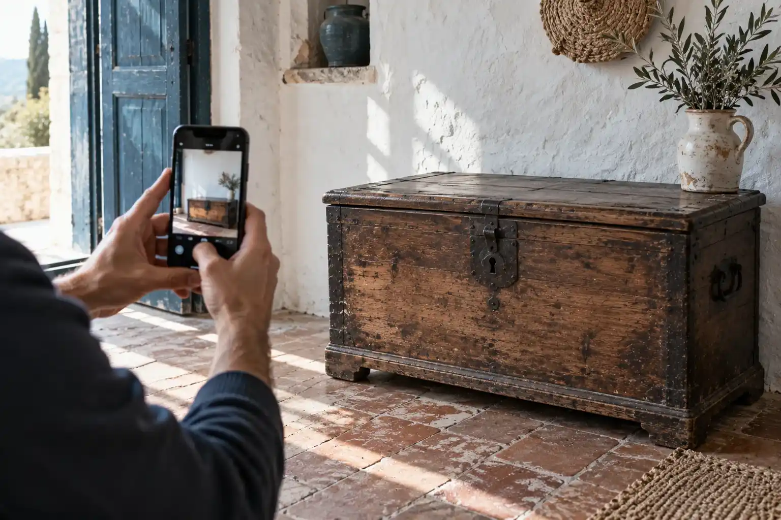 Heredar una casa histórica frente al mar en Tarragona. La llave pesa más de lo que parece 4 Manos fotografiando con el móvil un arcón de madera antiguo junto a una pared encalada