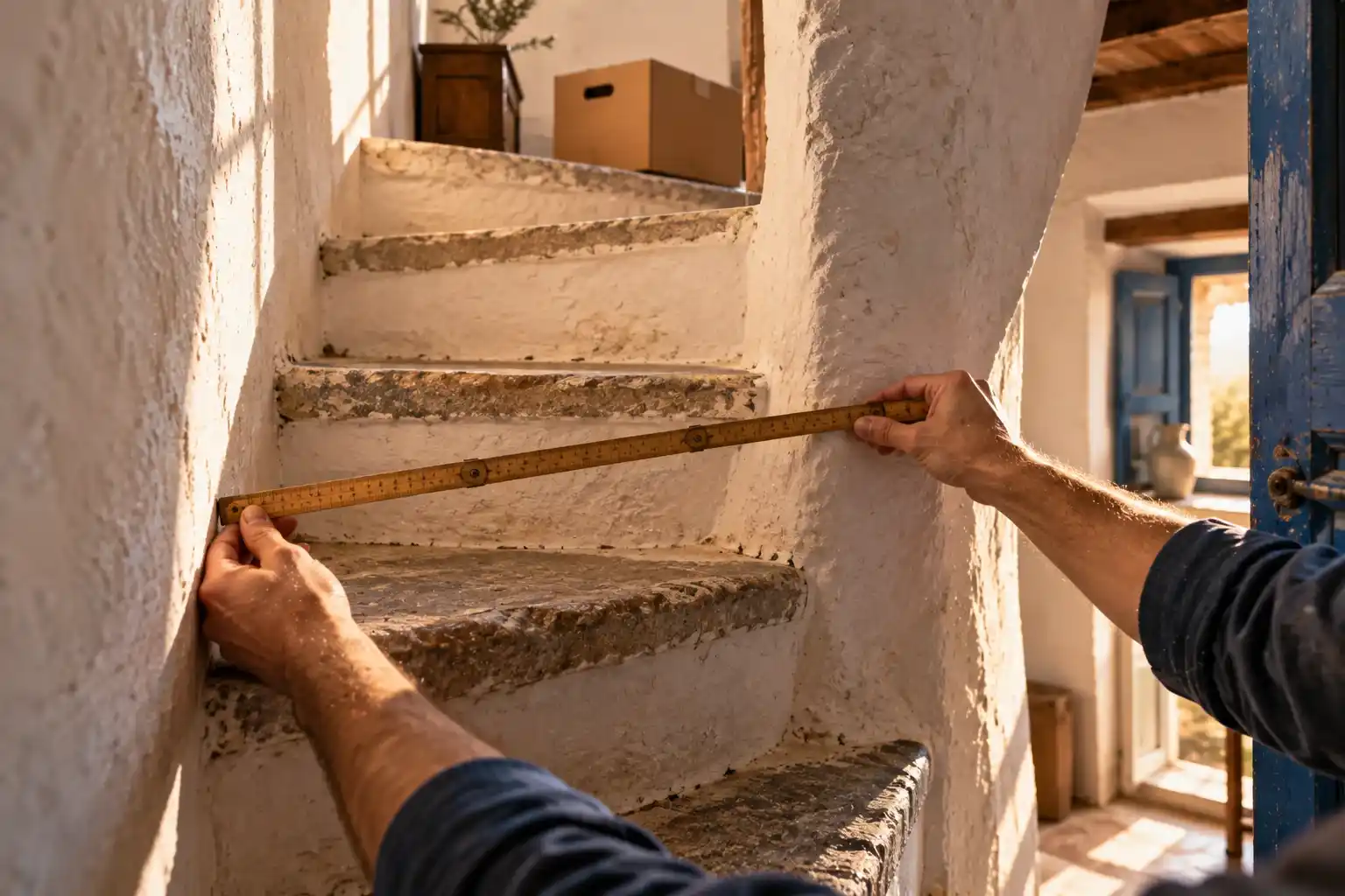 Quedarse a vivir en Tarragona. El billete de vuelta que ya no piensas usar 4 Manos midiendo con un metro plegable el hueco de una escalera estrecha de piedra