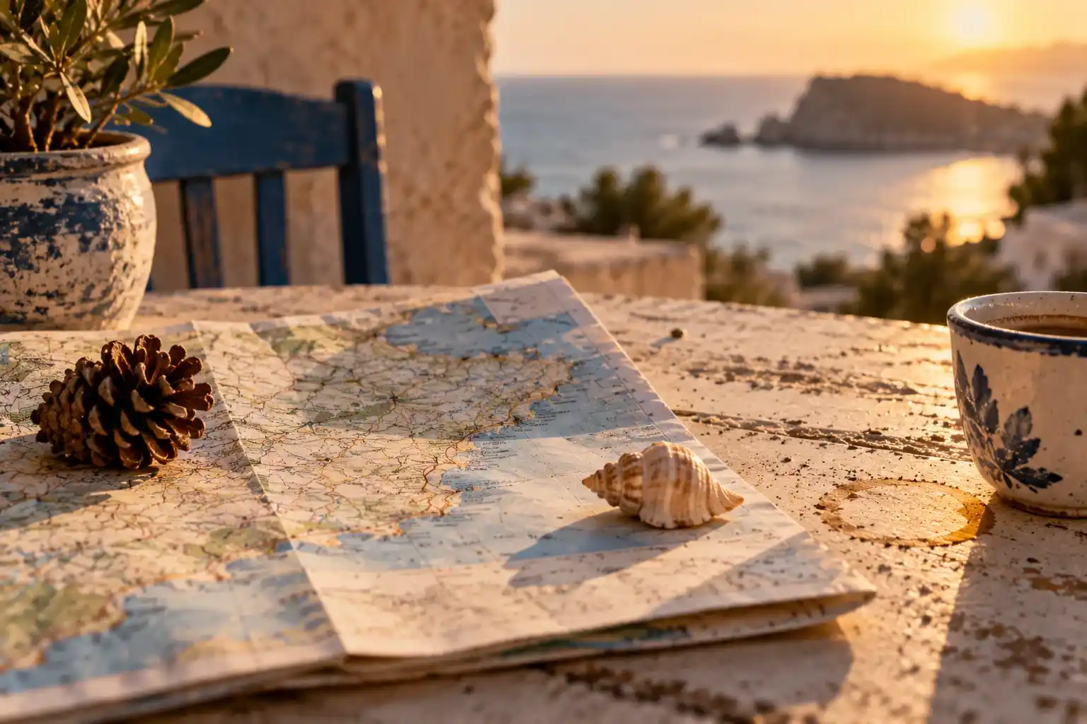 Quedarse a vivir en Tarragona. El billete de vuelta que ya no piensas usar 3 Mapa plegado con una concha y una piña en una terraza frente al mar